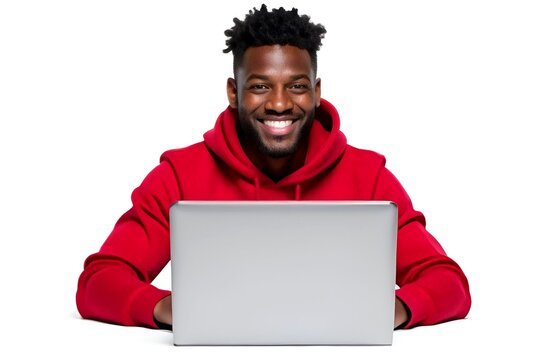 Pondering american african black businessman in colorful hoodie,looking at camera and smiling while typing text at laptop computer, white isolated background, place for text