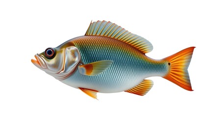 An orange goldfish swims in water on a white background. AI-generated image