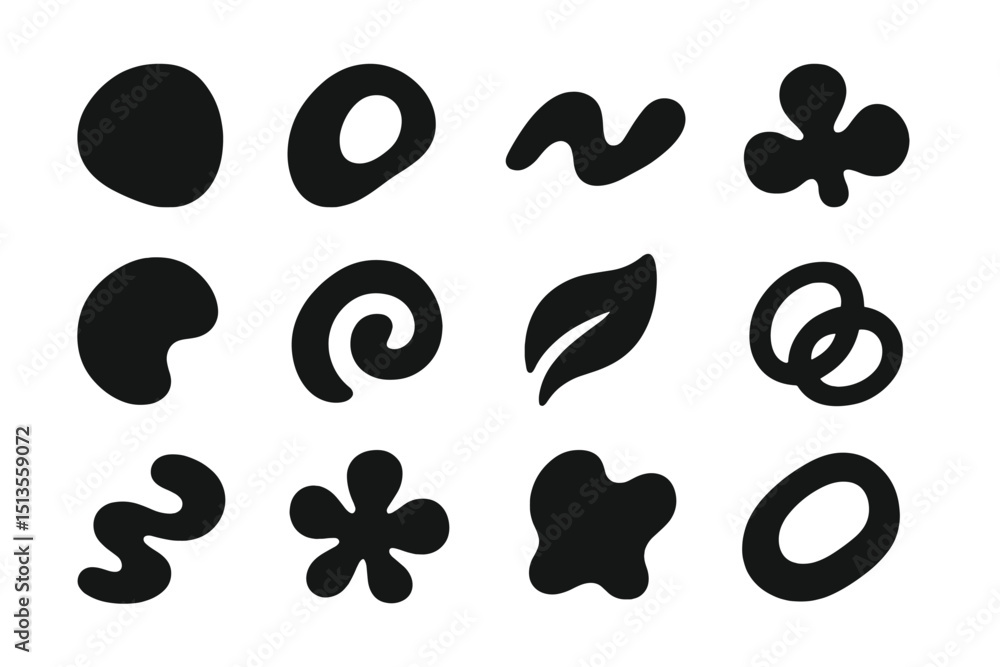 Poster creative black shapes arranged in a grid pattern showcasing various organic forms and designs