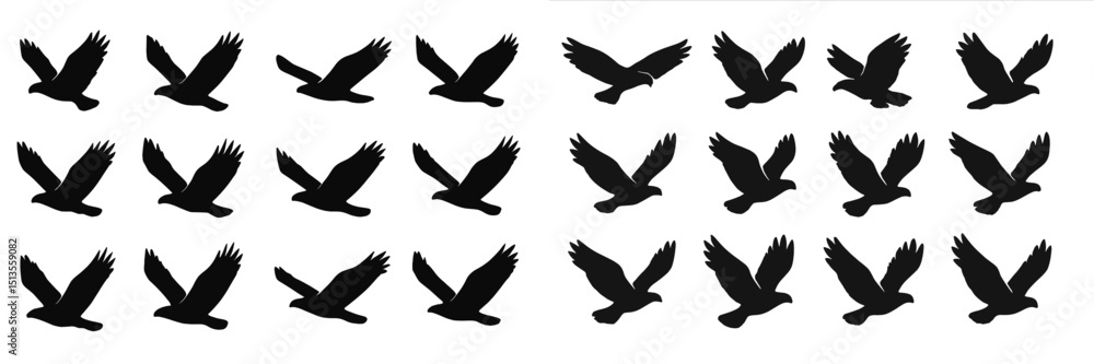 Aufkleber black silhouettes of birds in flight arranged in a dynamic pattern across the canvas in a creative d