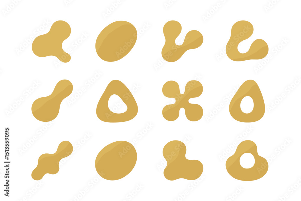 Poster various abstract shapes in warm yellow hues arranged in a grid pattern on a white background