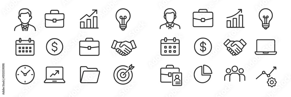 Poster icons representing business concepts in a minimalist design displaying teamwork, finance, and produc