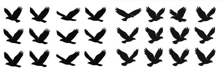 Black silhouettes of birds in flight arranged in a dynamic pattern across the canvas in a creative design