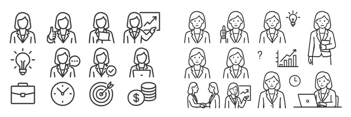 Business-oriented icons representing women in professional scenarios at a modern office setting