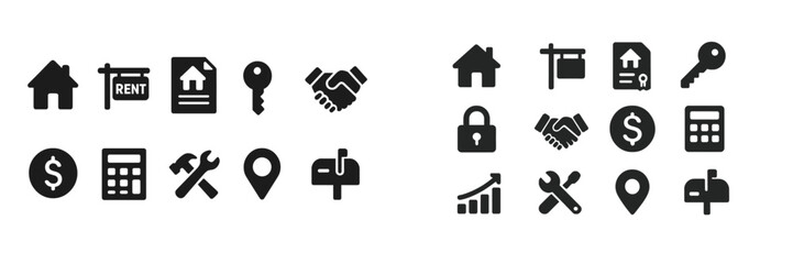 Icons representing real estate and rental processes including contracts and transactions for home leasing