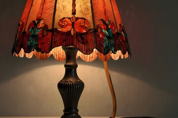 Vintage table lamp with ornate shade illuminating floral wallpaper interior.generative.ai