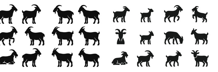 Collection of varied goat silhouettes in different poses showing their characteristics and activities