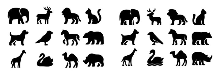 Diverse silhouettes of various animals displayed on a white background showcasing natural wildlife and domestic creatures