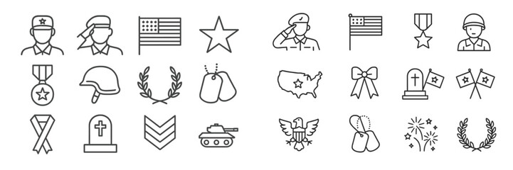 Symbolic representations of military honor and patriotism featuring diverse icons and emblems in a monochromatic style