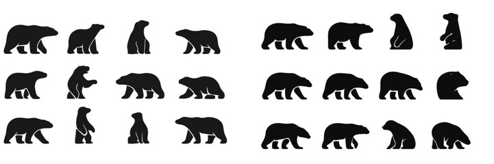 Various artistic black bear silhouettes displayed in a creative arrangement on a white background, showcasing different poses and expressions