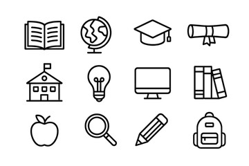 Educational icons representing various subjects and tools associated with learning and school activities