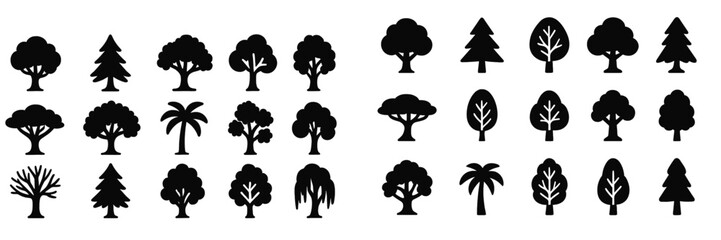 Collection of diverse tree silhouettes suitable for design projects, illustrations, or educational materials