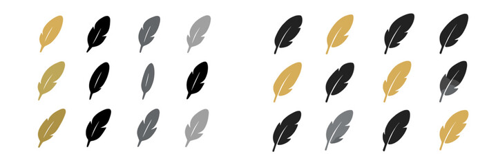Various feather designs in black, gray, and gold arranged in a symmetrical pattern on a white background showcasing creativity