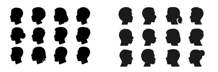 Diverse silhouettes of head profiles displayed in a grid format showcasing various hairstyles and features in black and white