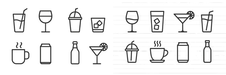 Line art collection of various beverage icons arranged symmetrically on a blank background