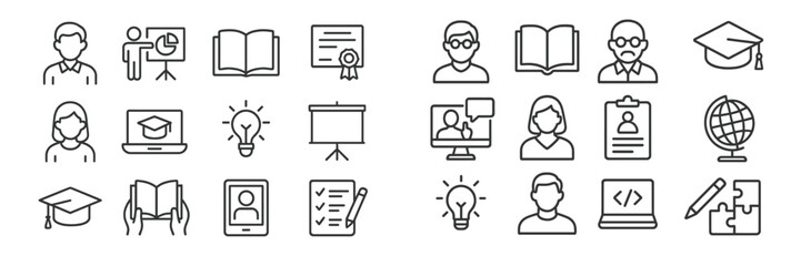Educational icons representing learning, teaching, and academic achievements in a simplified style for digital use