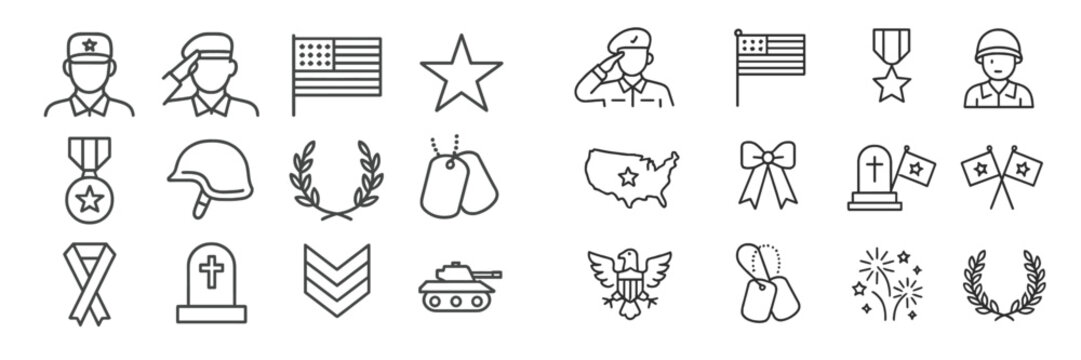 Military symbols and icons representing service, sacrifice, and patriotism in a monochrome style