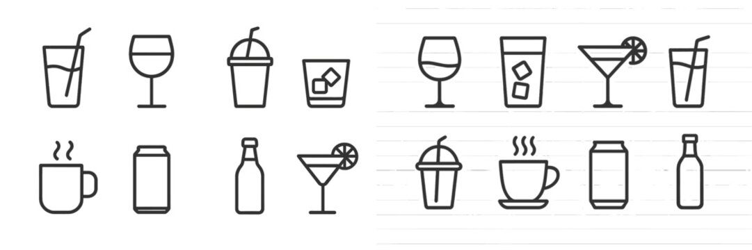 Line art collection of various beverage icons arranged symmetrically on a blank background