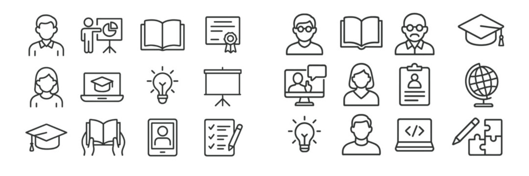Educational icons representing learning, teaching, and academic achievements in a simplified style for digital use