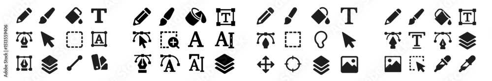 Poster collection of black and white icons representing various graphic design tools and functionalities us