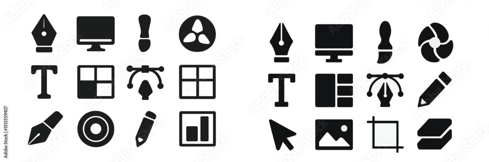 Poster collection of creative icons representing design elements and tools for digital and traditional arti