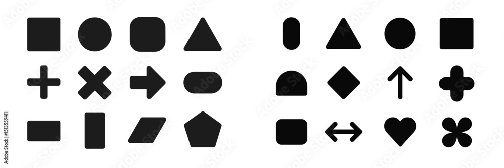 Poster various geometric shapes in black silhouettes arranged in two columns for visual demonstration and d