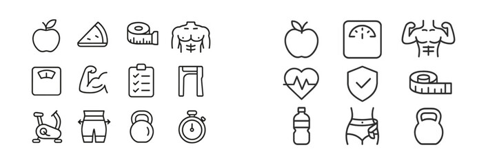 Health and fitness icons representing nutrition, exercise, and wellness activities for a balanced lifestyle