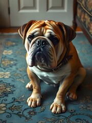 A mournful bulldog, eyes filled with a profound sadness, sits slumped on a worn, faded rug.  His large, floppy ears droop, draped over his chest like heavy weights.