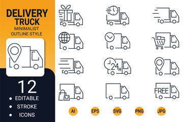 Delivery truck icon set – editable stroke outline symbols for fast shipping and express logistics
