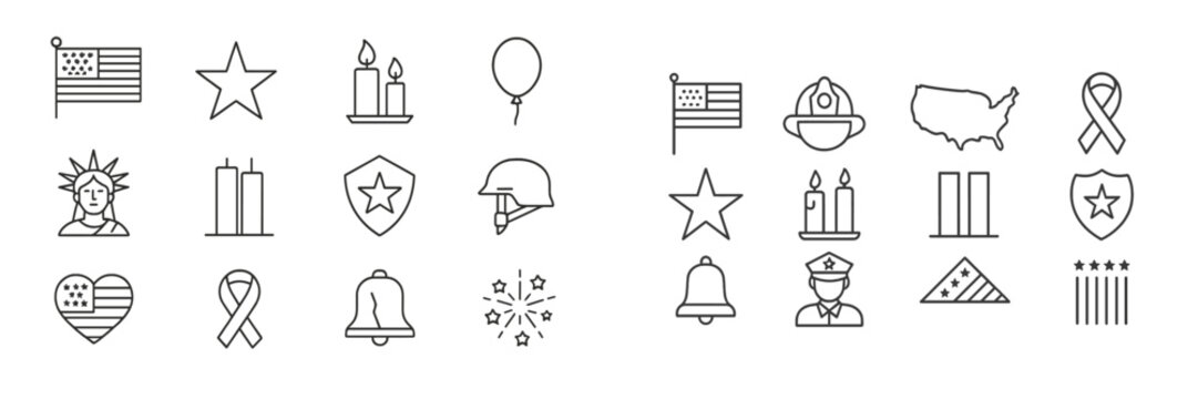 Line art depicting symbols of American patriotism including flags, stars, and monuments