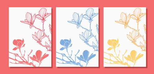 A4 set of magnolia line art vector hand drawn illustration. Art print with beautiful and elegant spring flower. Highly detailed and high quality graphic asset for online and print.