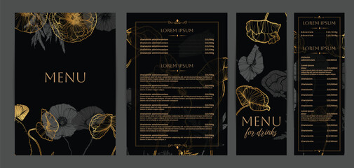 Luxurious food and drinks menu designs. Restaurant menu template. Beautiful vector A4 format with high quality flowers for print and online usage. Saturated hand drawn line art golden poppies. 