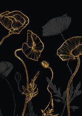 A4 poppy gold bouquet vector hand drawn illustration. Art print with elegant golden flowers on a black background. Highly detailed and high quality graphic asset for online and print. 