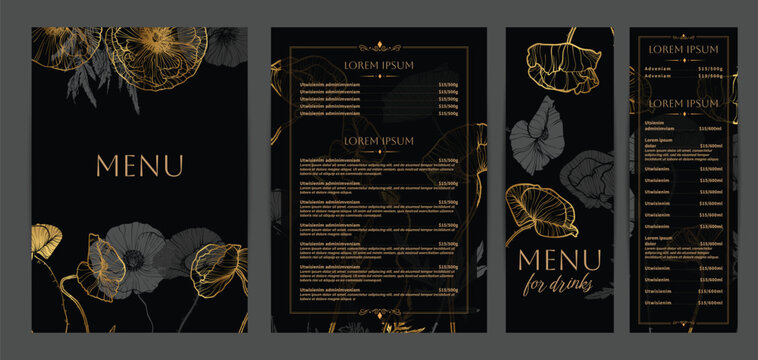 Luxurious food and drinks menu designs. Restaurant menu template. Beautiful vector A4 format with high quality flowers for print and online usage. Saturated hand drawn line art golden poppies. 