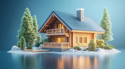 Cozy log cabin on island,  lit by warm glow