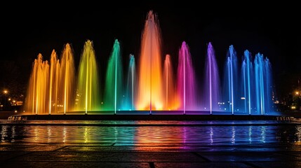 Colorful fountain at night, rainbow hues