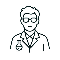 Black line icon of scientist wearing lab coat and glasses, chemistry and research concept