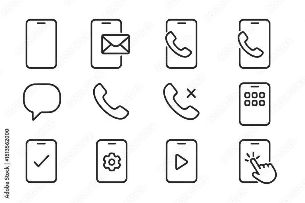 Poster collection of icons representing various mobile phone functions and applications in a simple, minima