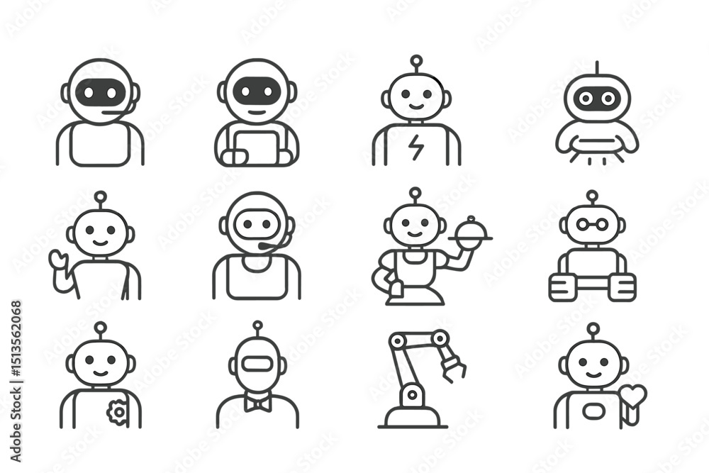 Poster robot illustrations showcasing diverse roles and functions in a modern digital environment featuring