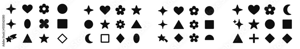 Poster various black shapes and symbols arranged in a grid showcasing creativity and design elements