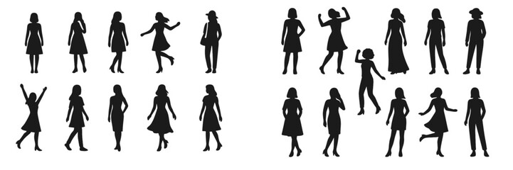 Silhouettes of women in various poses showcasing movement and elegance at sunset