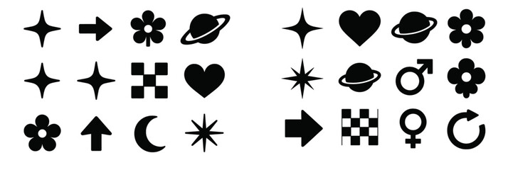 Graphic design showcasing a variety of black symbols including stars, hearts, and planets on a white background