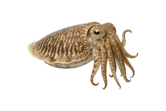 Cuttlefish isolated on white background. High-resolution image perfect for seafood menus, culinary content, marine biology references, educational materials, squid, octopus, clipping path, transparent