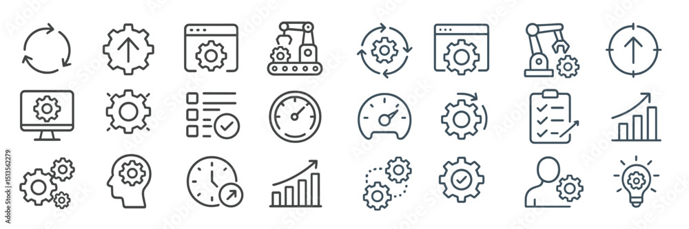 Poster icons representing various aspects of automation, engineering, and productivity in a modern workspac