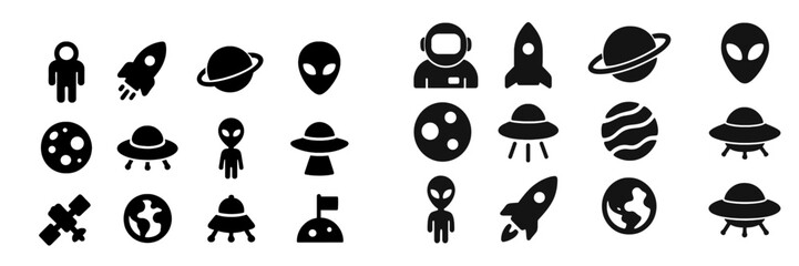 Icons representing space exploration, extraterrestrial life, and celestial bodies in a minimalist design suitable for various creative projects