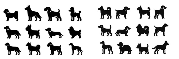 Silhouettes of various dog breeds in playful poses, showcasing diversity in size and shape during a creative design session