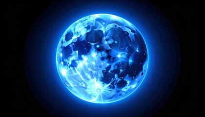 Blue Super Moon Glowing With Blue Halo Isolated On Black Background