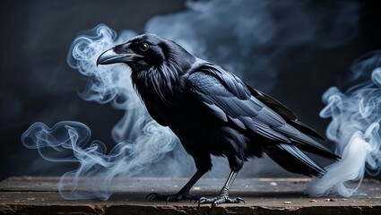 Black wild bird animal raven with feather beak isolated on nature