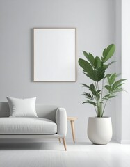 Minimalist Living Room Interior: Light Grey Sofa, Potted Plant, and Blank Framed Artwork
