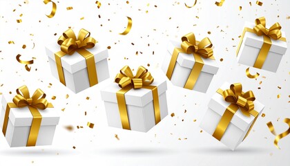 New Year White Gift Boxes With Golden Bows And Gold Se